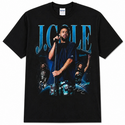 Black adult unisex J. Cole Live Performance hip-hop T-shirt featuring a collage of live performance images with bold blue artwork, available in sizes S–3XL.