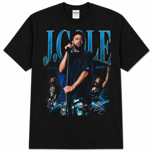 Black adult unisex J. Cole Live Performance hip-hop T-shirt featuring a collage of live performance images with bold blue artwork, available in sizes S–3XL.