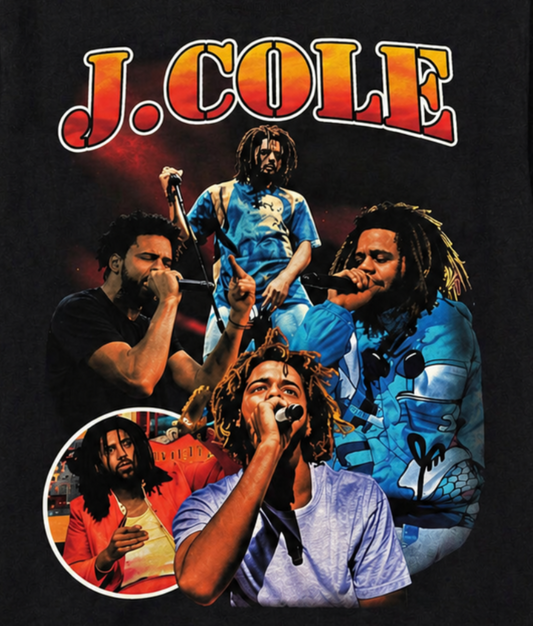J. Cole live performance collage graphic T-shirt with multiple concert images and bold name text unisex sizes S–3XL