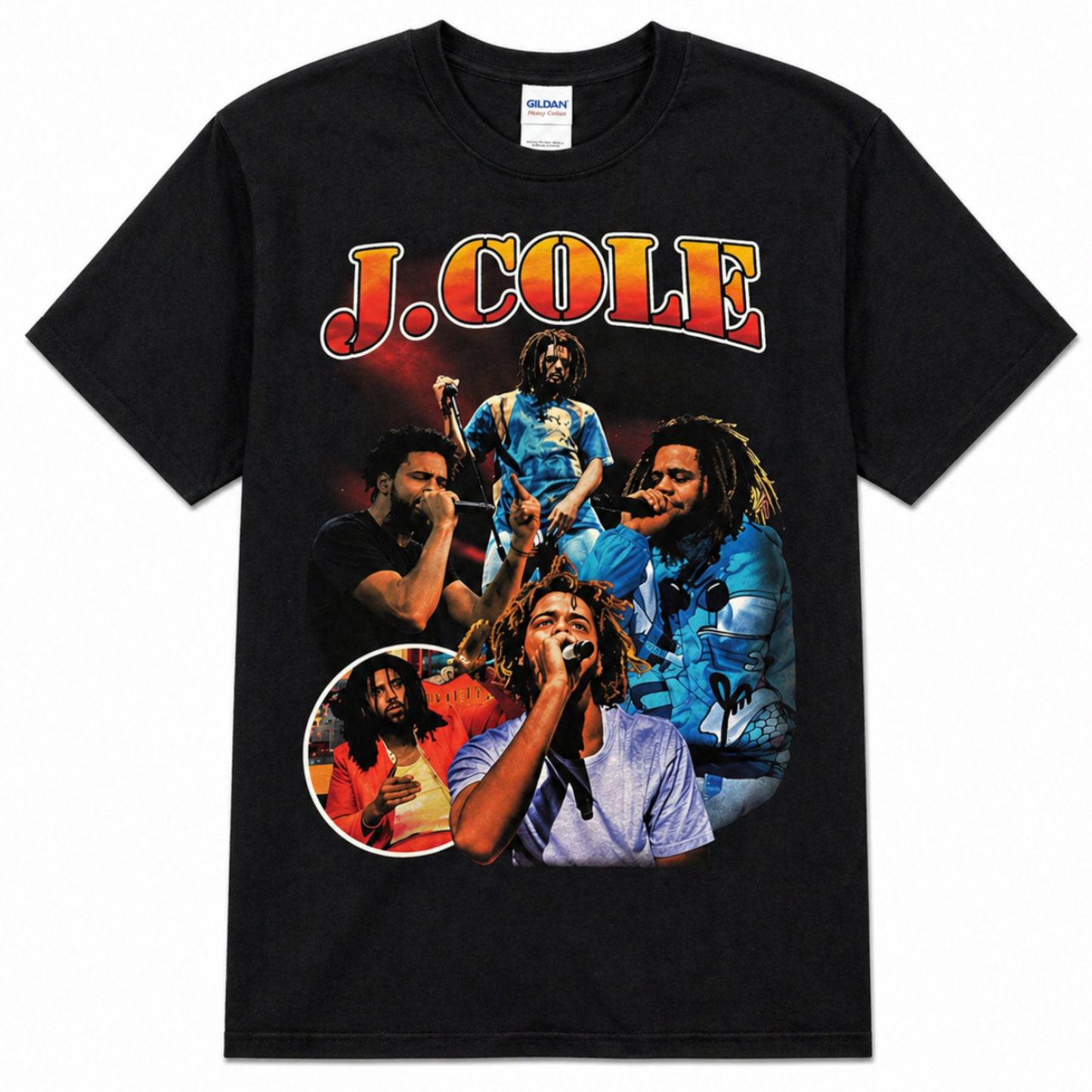 J. Cole live performance collage graphic T-shirt with multiple concert images and bold name text unisex sizes S–3XL