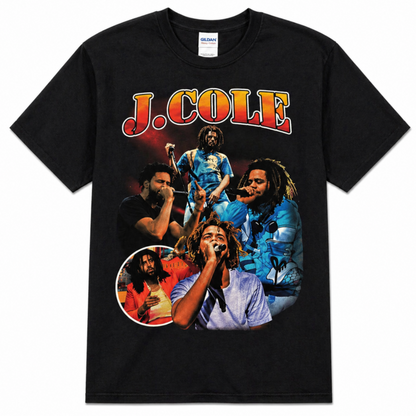 J. Cole live performance collage graphic T-shirt with multiple concert images and bold name text unisex sizes S–3XL