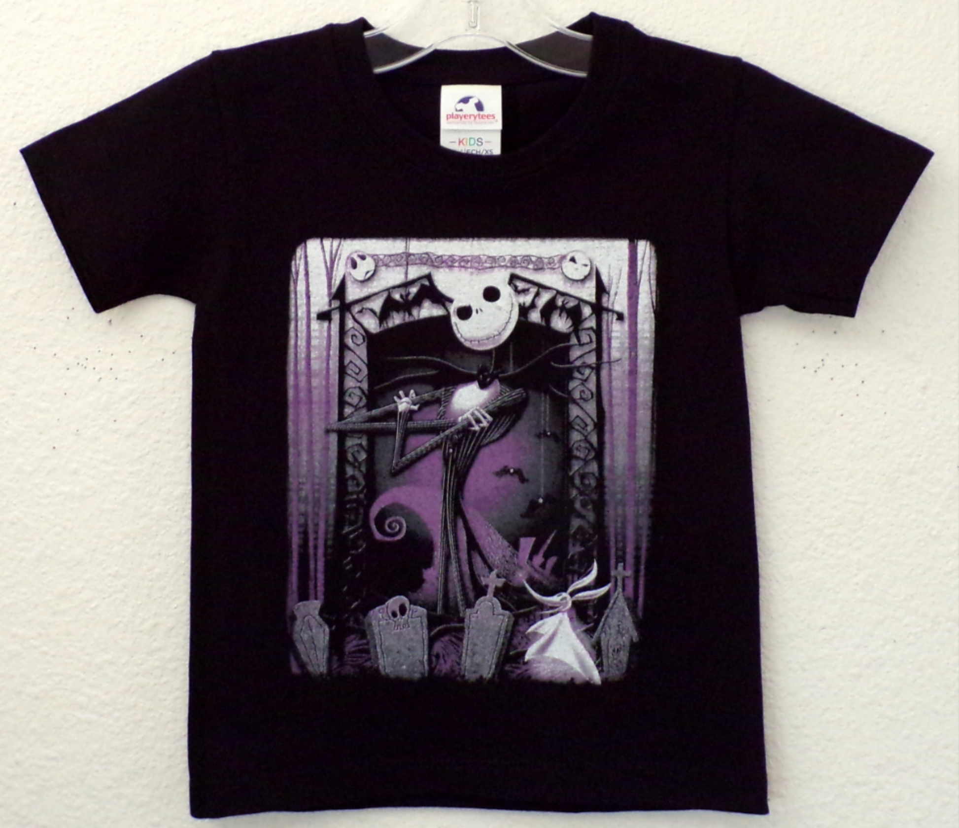 Jack Skellington Youth Unisex Silkscreen T-Shirt – XS–XL, black cotton shirt with Halloween-themed Jack Skellington graphic.