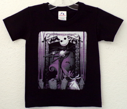 Jack Skellington Youth Unisex Silkscreen T-Shirt – XS–XL, black cotton shirt with Halloween-themed Jack Skellington graphic.