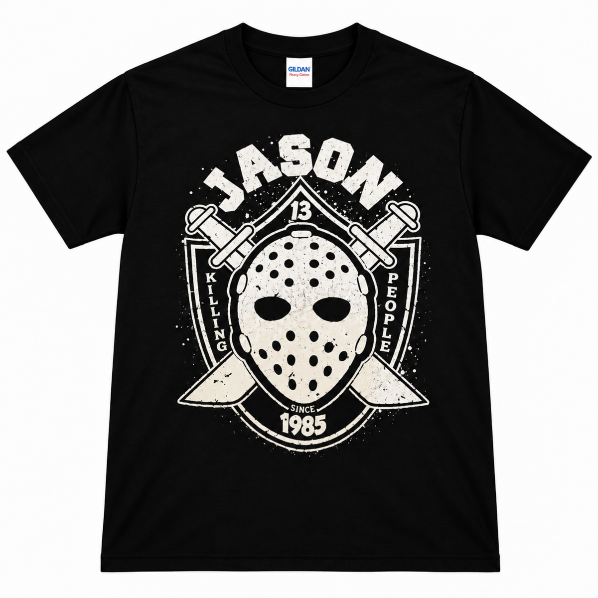 Black Jason Voorhees Killing People Since 1985 graphic T-shirt featuring his hockey mask, crossed machetes, distressed JASON lettering and 1985 detail.