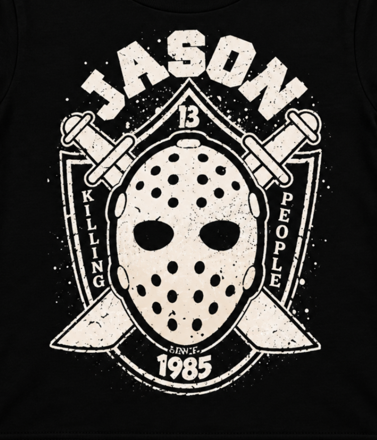 Close-up of the Jason Voorhees – Killing People Since 1985 youth T-shirt showing the hockey mask and distressed lettering