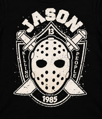 Close-up of the Jason Voorhees – Killing People Since 1985 youth T-shirt showing the hockey mask and distressed lettering