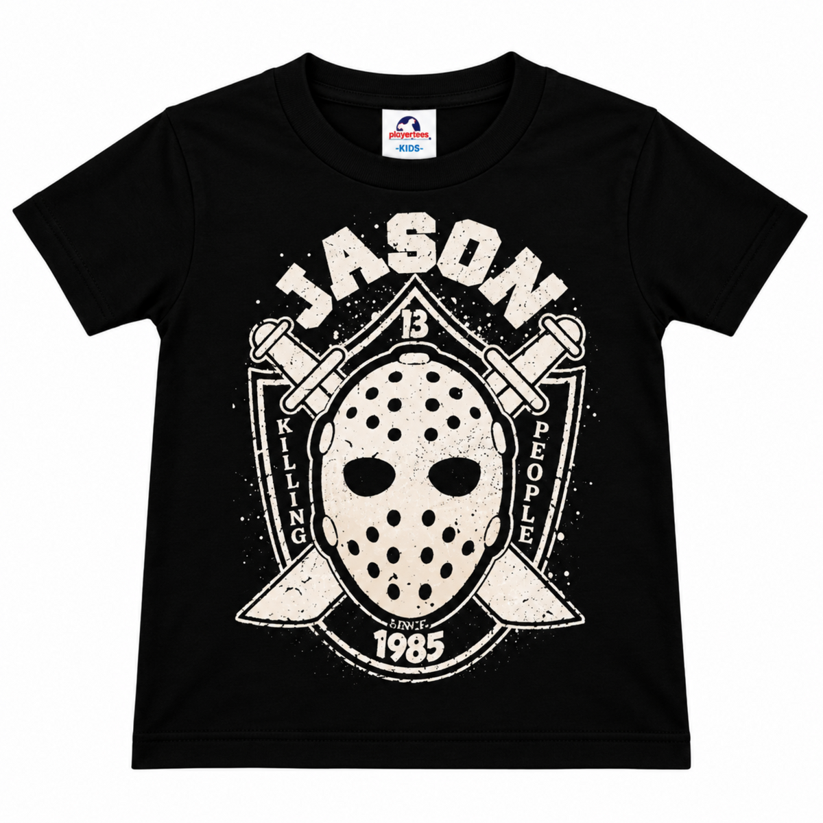 Front view of the Jason Voorhees – Killing People Since 1985 youth T-shirt featuring Jason’s hockey mask and distressed horror artwork on black