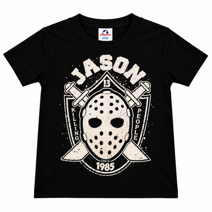 Front view of the Jason Voorhees – Killing People Since 1985 youth T-shirt featuring Jason’s hockey mask and distressed horror artwork on black