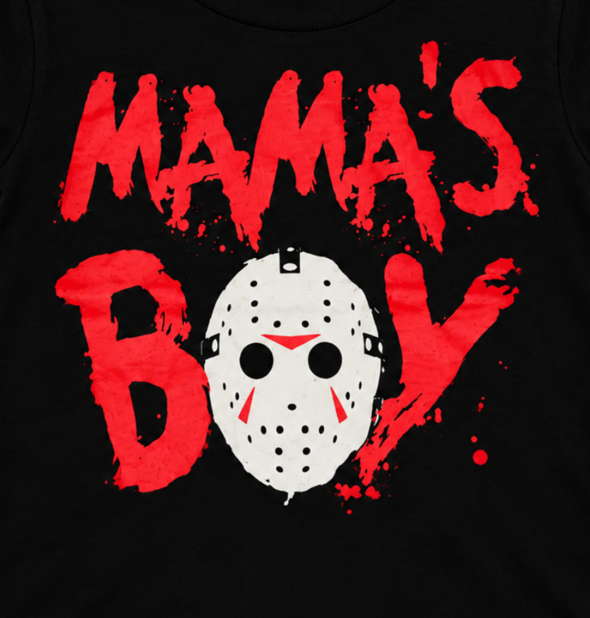 Close-up of the Jason Voorhees – Mama’s Boy youth T-shirt showing Jason’s hockey mask and distressed blood-red Mama’s Boy artwork