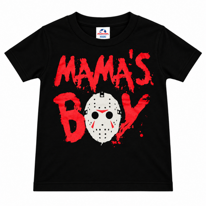 Front view of the Jason Voorhees – Mama’s Boy youth T-shirt featuring Jason’s hockey mask and distressed red Mama’s Boy lettering on a black tee