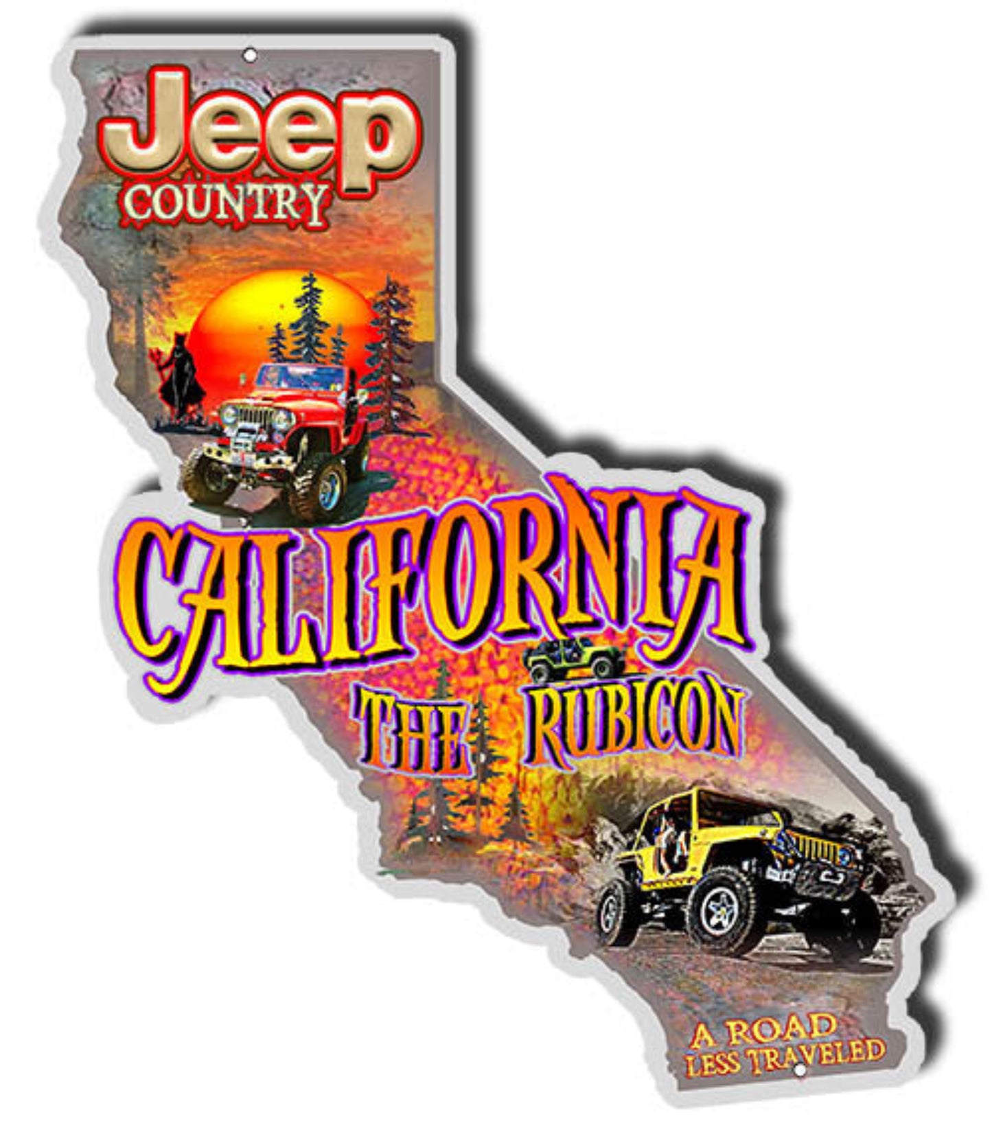 Jeep Country The Rubicon California laser cut steel sign by Phil Hamilton featuring modified off-road Jeeps climbing the legendary Rubicon Trail in a California state-shaped design.
