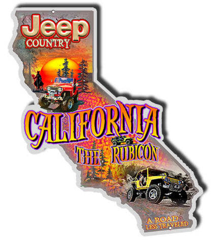 Jeep Country The Rubicon California laser cut steel sign by Phil Hamilton featuring modified off-road Jeeps climbing the legendary Rubicon Trail in a California state-shaped design.