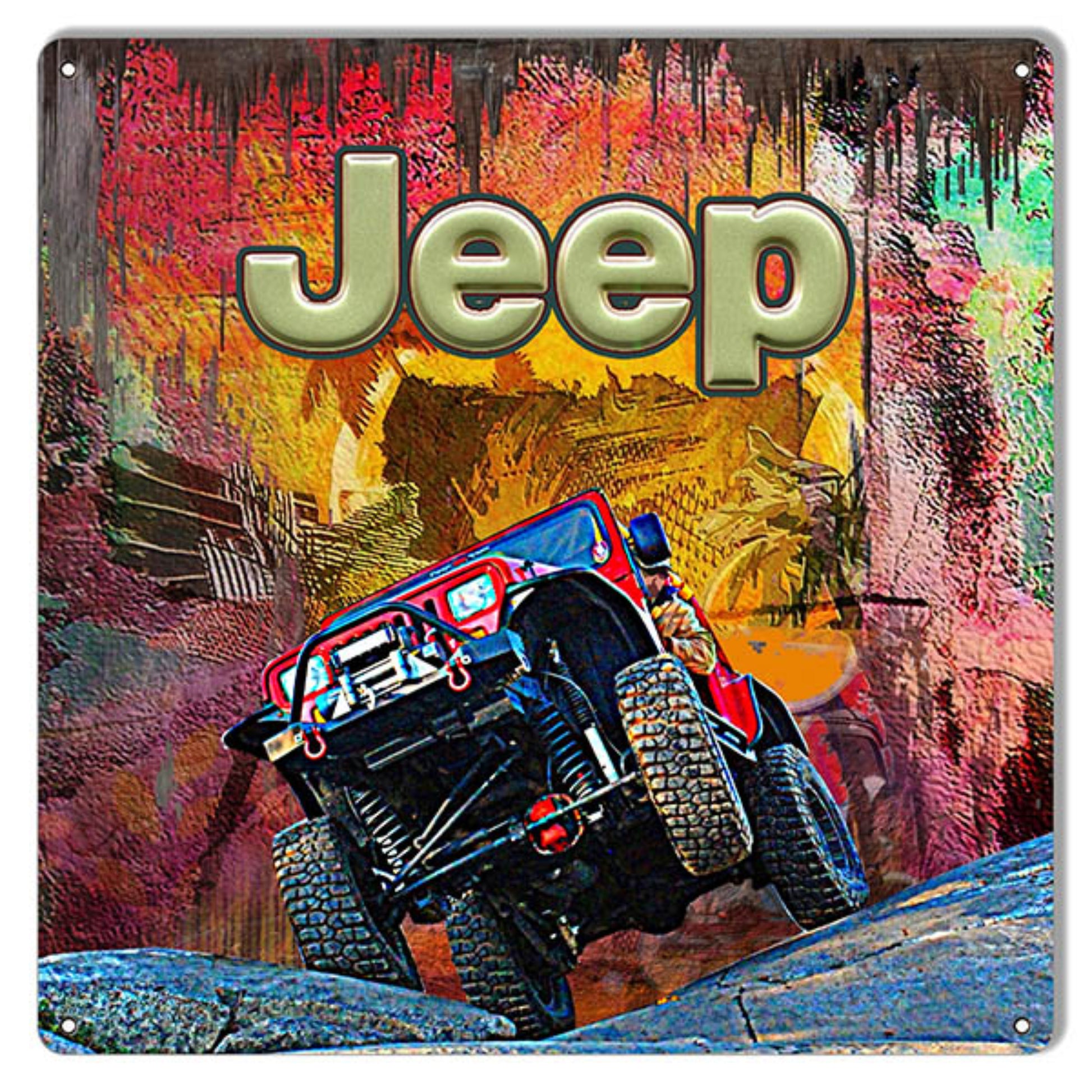 Metal sign featuring a red Jeep Rubicon climbing rocky terrain with a bold, colorful adventure-inspired background.