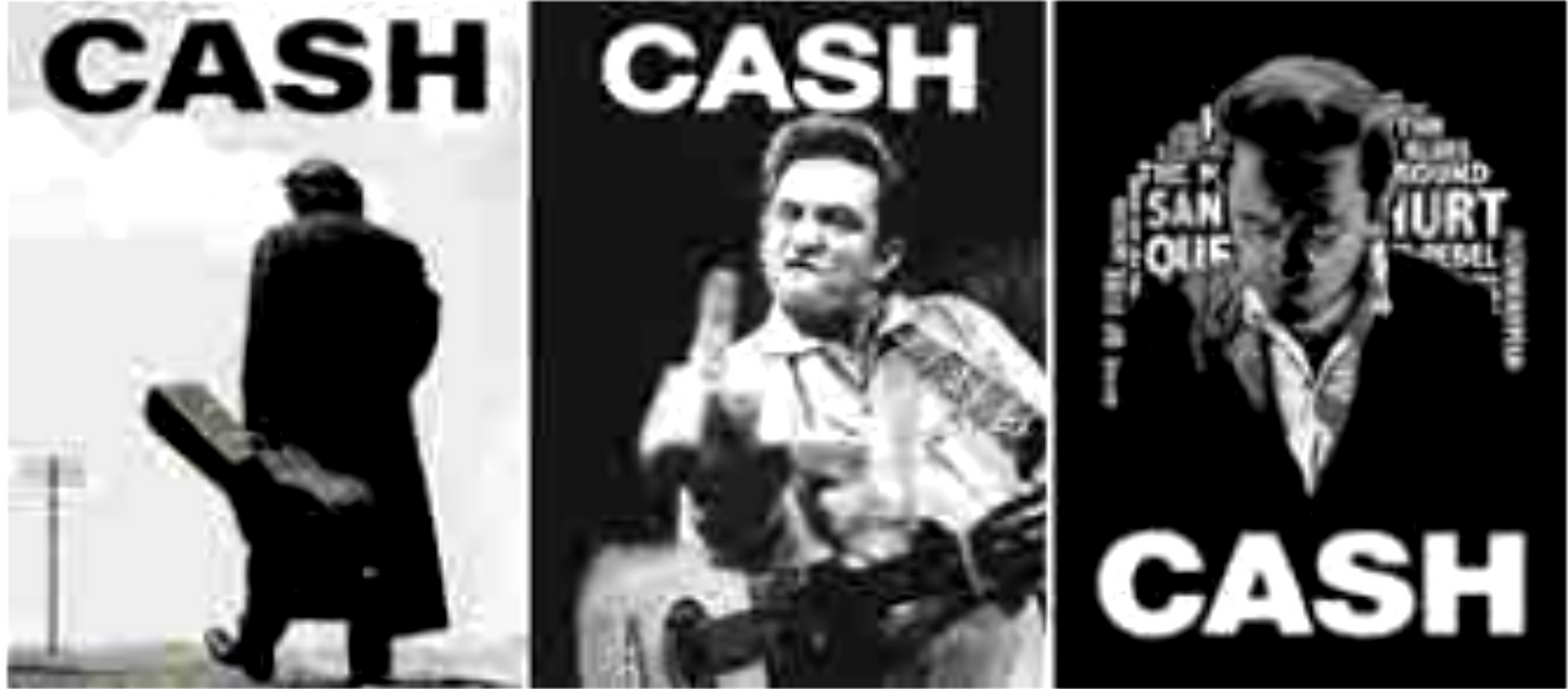 Johnny Cash 3D lenticular poster featuring Legend album cover, San Quentin 1969 performance, and tribute portrait design, 16 inch by 12 inch wall art