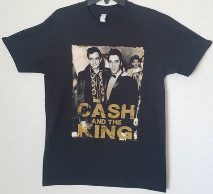Front view of Johnny Cash and Elvis Presley Cash and the King graphic T-shirt featuring vintage black and white photo with gold lettering printed in authentic silkscreen on black cotton tee