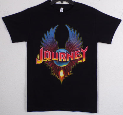 Black “Journey – Eagle Wings” T-shirt featuring the band’s iconic winged logo in bright, colorful silkscreen print.