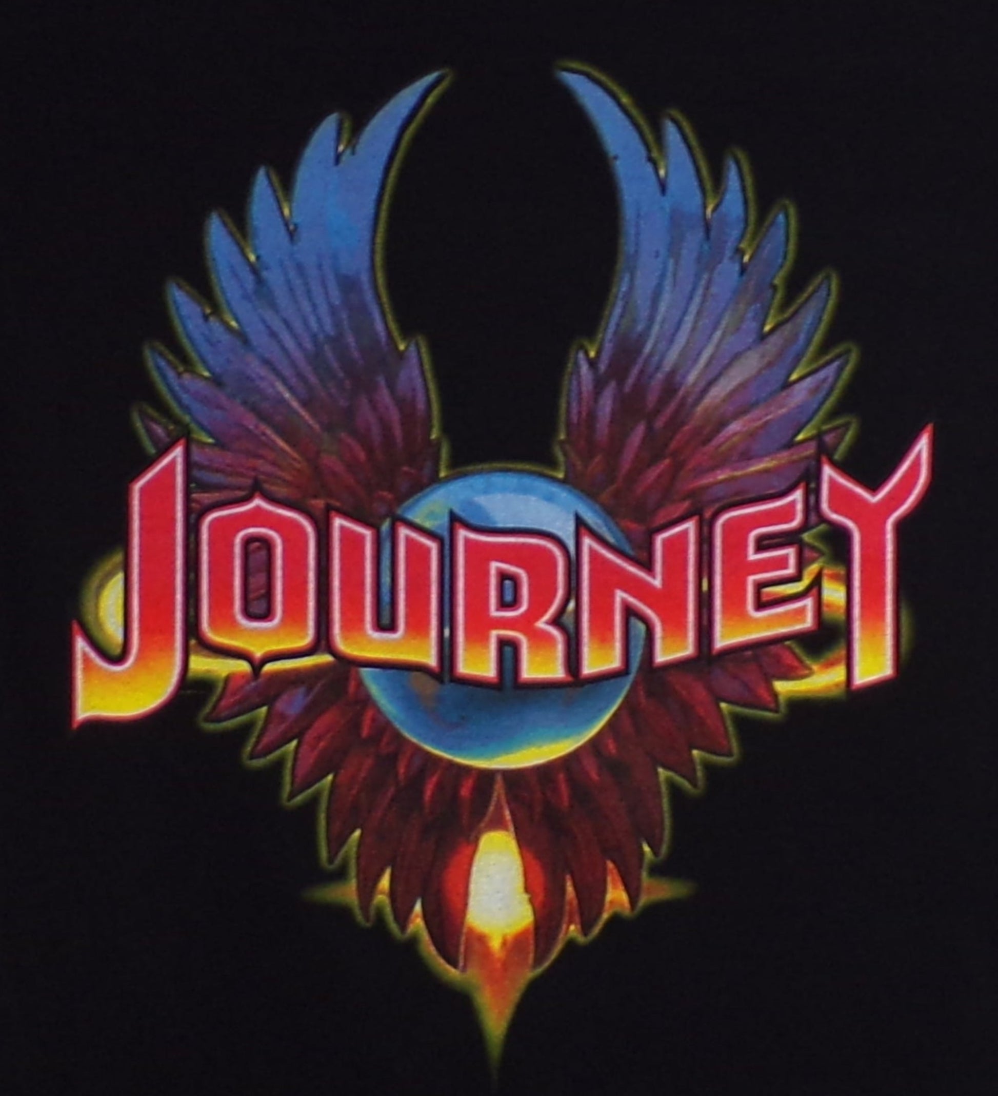 Black “Journey – Eagle Wings” T-shirt featuring the band’s iconic winged logo in bright, colorful silkscreen print.