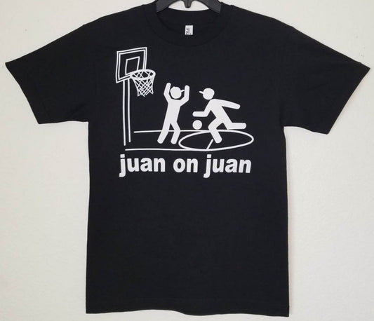 Juan on Juan basketball funny T-shirt featuring two players one-on-one graphic unisex apparel sizes S–2XL