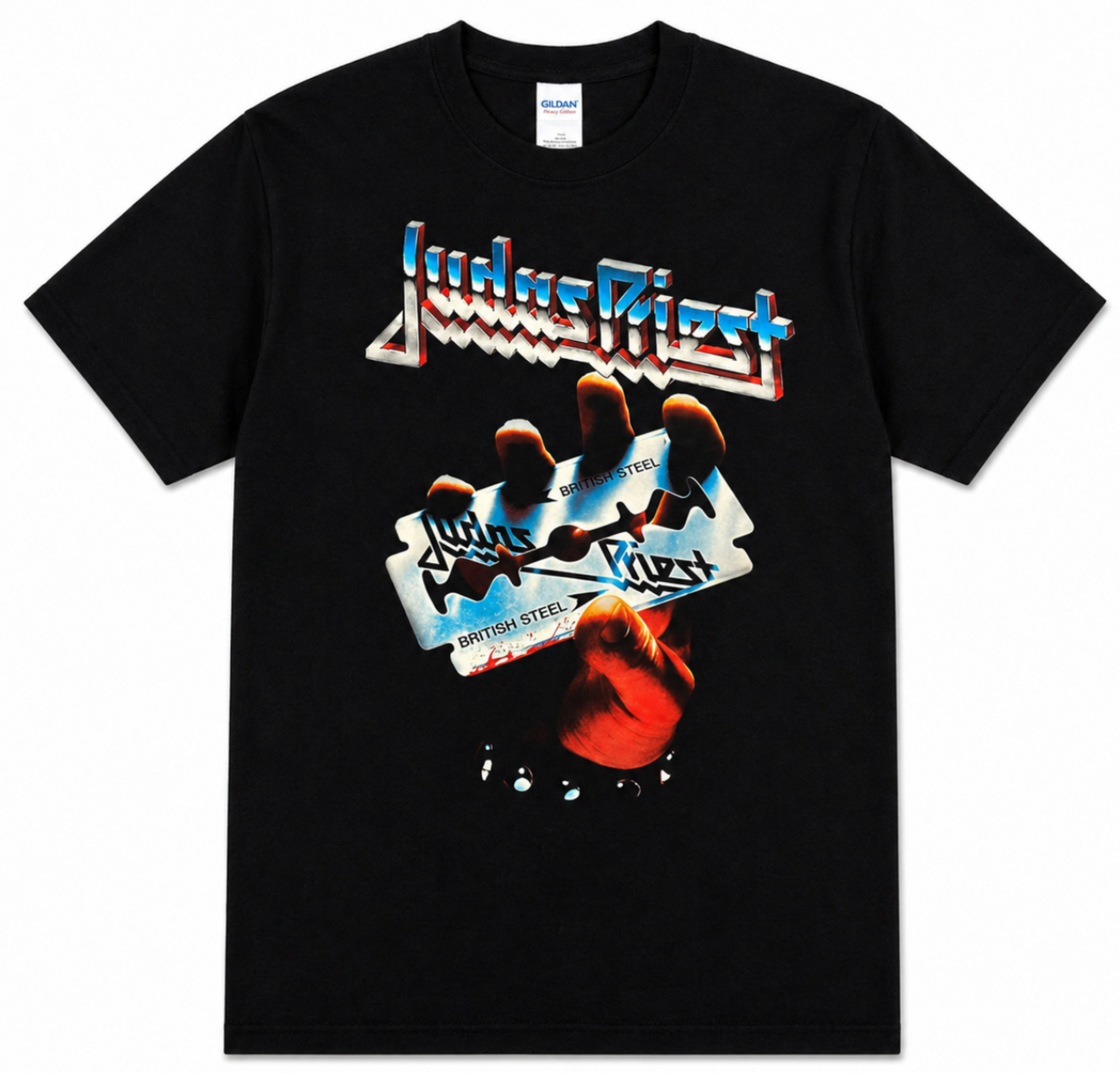 Black adult unisex Judas Priest British Steel heavy metal T-shirt featuring the classic razor blade artwork with the band's metallic logo, available in sizes Small through 3X-Large.