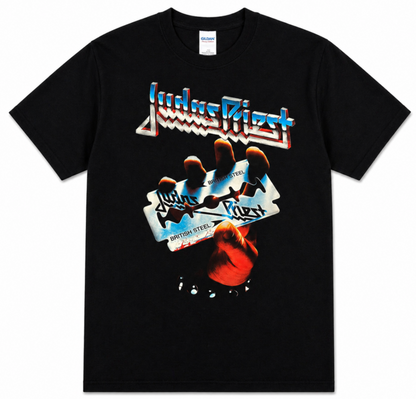 Black adult unisex Judas Priest British Steel heavy metal T-shirt featuring the classic razor blade artwork with the band's metallic logo, available in sizes Small through 3X-Large.