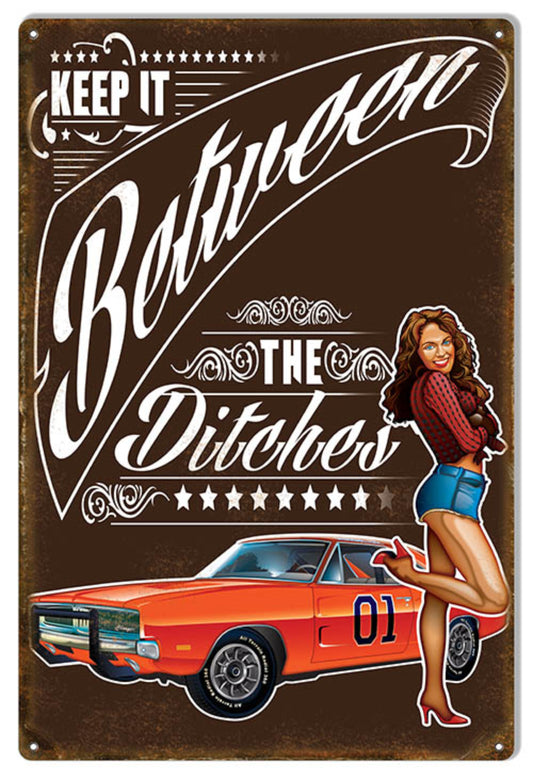 Celebrate classic 1970s TV Americana with the “Keep It Between the Ditches” metal sign by Bernard Oliver featuring Daisy Duke and the General Lee.