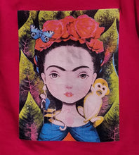 Load image into Gallery viewer, Kid Frida Kahlo with Monkey. A bright design showcasing a bold and artistic style. Available in sizes XS-XL youth from JB Accessories05                
