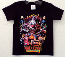 Load image into Gallery viewer,  Youth-sized Killer Klowns From Outer Space - Crazy House horror t-shirt featuring a bold, colorful design inspired by the iconic 1980s horror film. The graphic showcases the eerie &quot;Crazy House&quot; theme, with a vibrant, creepy clown motif, making it a perfect choice for young horror fans. The shirt is shown in a close-up with clear visibility of the design on a soft, cotton fabric. Available in XS - XL.
