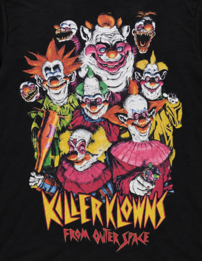 Close-up of the Killer Klowns from Outer Space T-shirt featuring Shorty, Rudy, Jumbo, Spikey, Fatso/Chubby and Slim with the movie title.