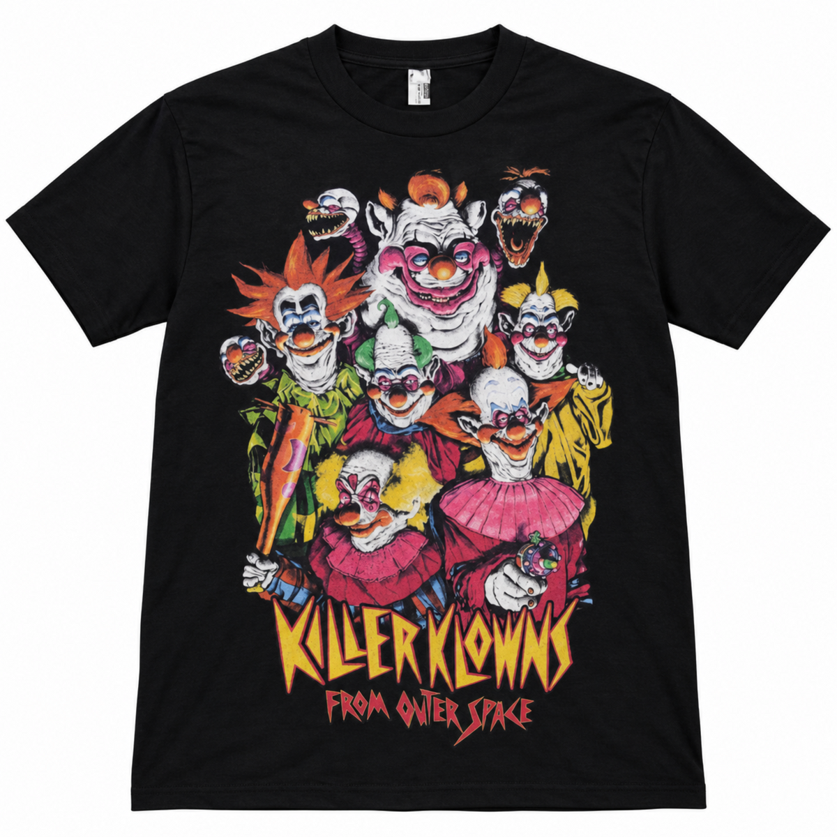 Black Killer Klowns from Outer Space graphic T-shirt featuring Shorty, Rudy, Jumbo, Spikey, Fatso/Chubby and Slim in a colorful group lineup.