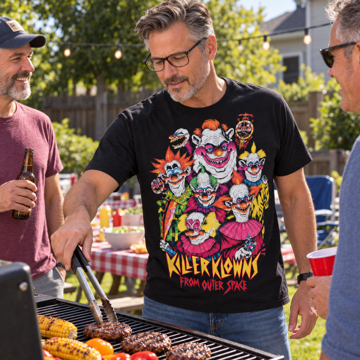 Man wearing the Killer Klowns from Outer Space black T-shirt while grilling at a backyard barbecue, featuring the colorful group lineup of alien Klowns.