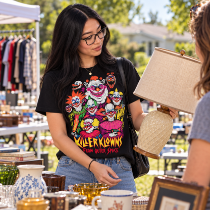 Woman wearing the Killer Klowns from Outer Space black T-shirt while examining a table lamp at a neighborhood yard sale, featuring the colorful Klown lineup.
