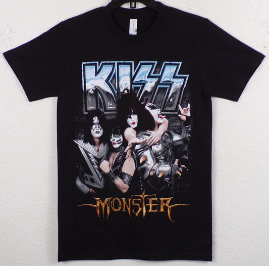Black KISS t-shirt featuring band members in makeup with “Monster” design – Unisex Silkscreen