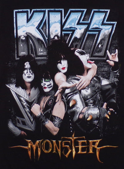Black KISS t-shirt featuring band members in makeup with “Monster” design – Unisex Silkscreen