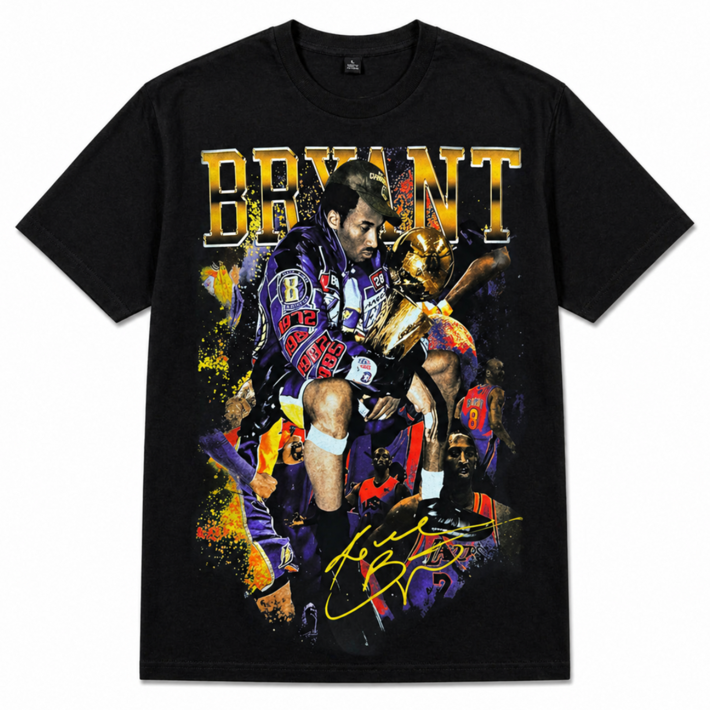 Kobe Bryant Black Mamba Legend graphic T-shirt with championship trophy image, action collage, and signature text unisex sizes S–3XL