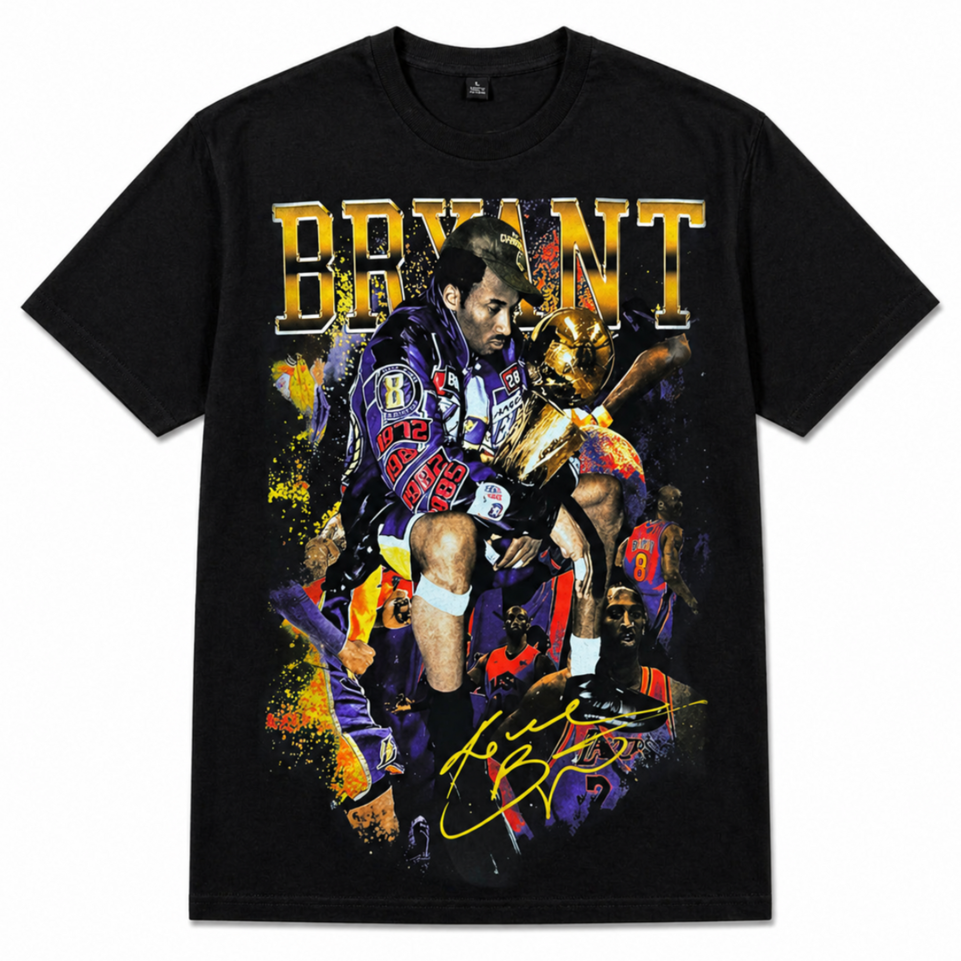 Kobe Bryant Black Mamba Legend graphic T-shirt with championship trophy image, action collage, and signature text unisex sizes S–3XL