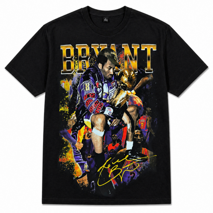 Kobe Bryant Black Mamba Legend graphic T-shirt with championship trophy image, action collage, and signature text unisex sizes S–3XL