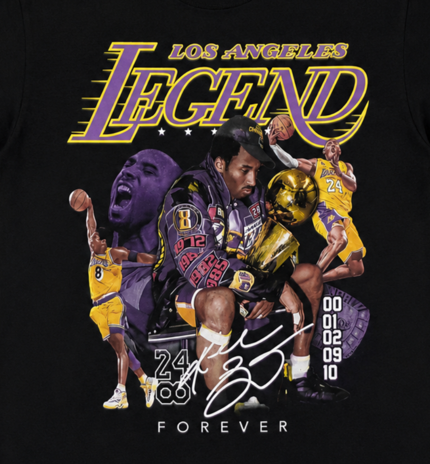 Kobe Bryant Los Angeles Legend graphic T-shirt with purple and gold collage design unisex sizes S–3XL