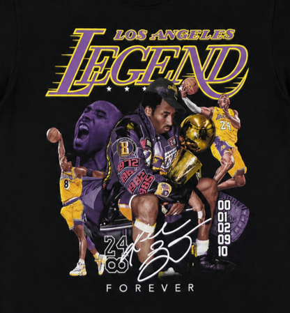 Kobe Bryant Los Angeles Legend graphic T-shirt with purple and gold collage design unisex sizes S–3XL