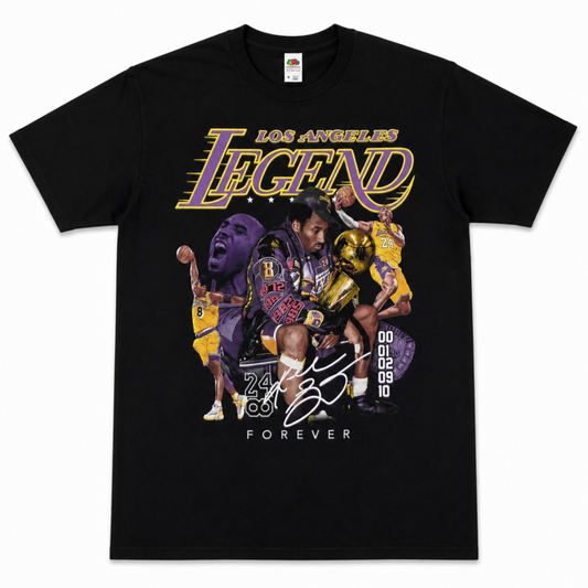 Kobe Bryant Los Angeles Legend graphic T-shirt with purple and gold collage design unisex sizes S–3XL