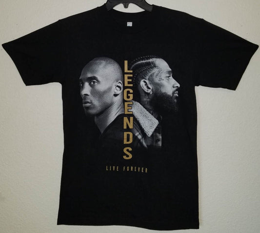 Front view of Kobe Bryant and Nipsey Hussle Legends Live Forever graphic T-shirt featuring black and white portraits with gold lettering printed in authentic silkscreen on black cotton tee