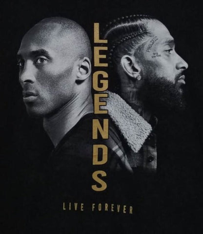 Front view of Kobe Bryant and Nipsey Hussle Legends Live Forever graphic T-shirt featuring black and white portraits with gold lettering printed in authentic silkscreen on black cotton tee