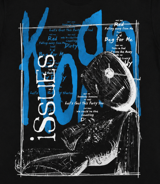 Close-up of Korn Issues alternative cover artwork with electric blue Korn lettering and dark black-and-white sketch imagery—a distinctive 1999-era design for nu metal fans.