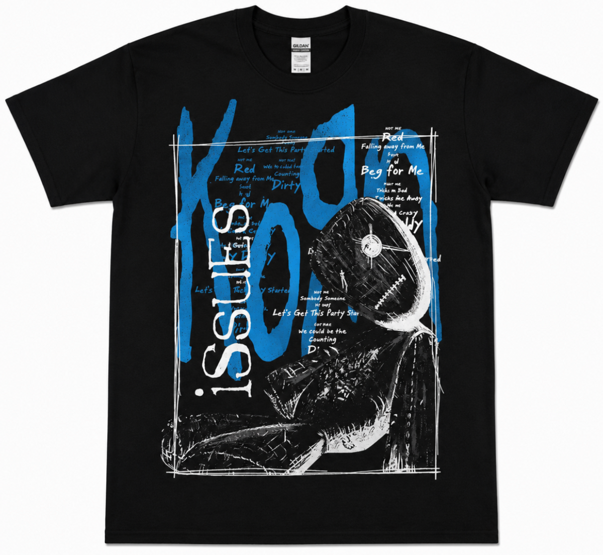 Korn Issues alternative cover graphic T-shirt in black with bold electric blue lettering and dark sketch-style artwork—a standout nu metal throwback for Korn fans.