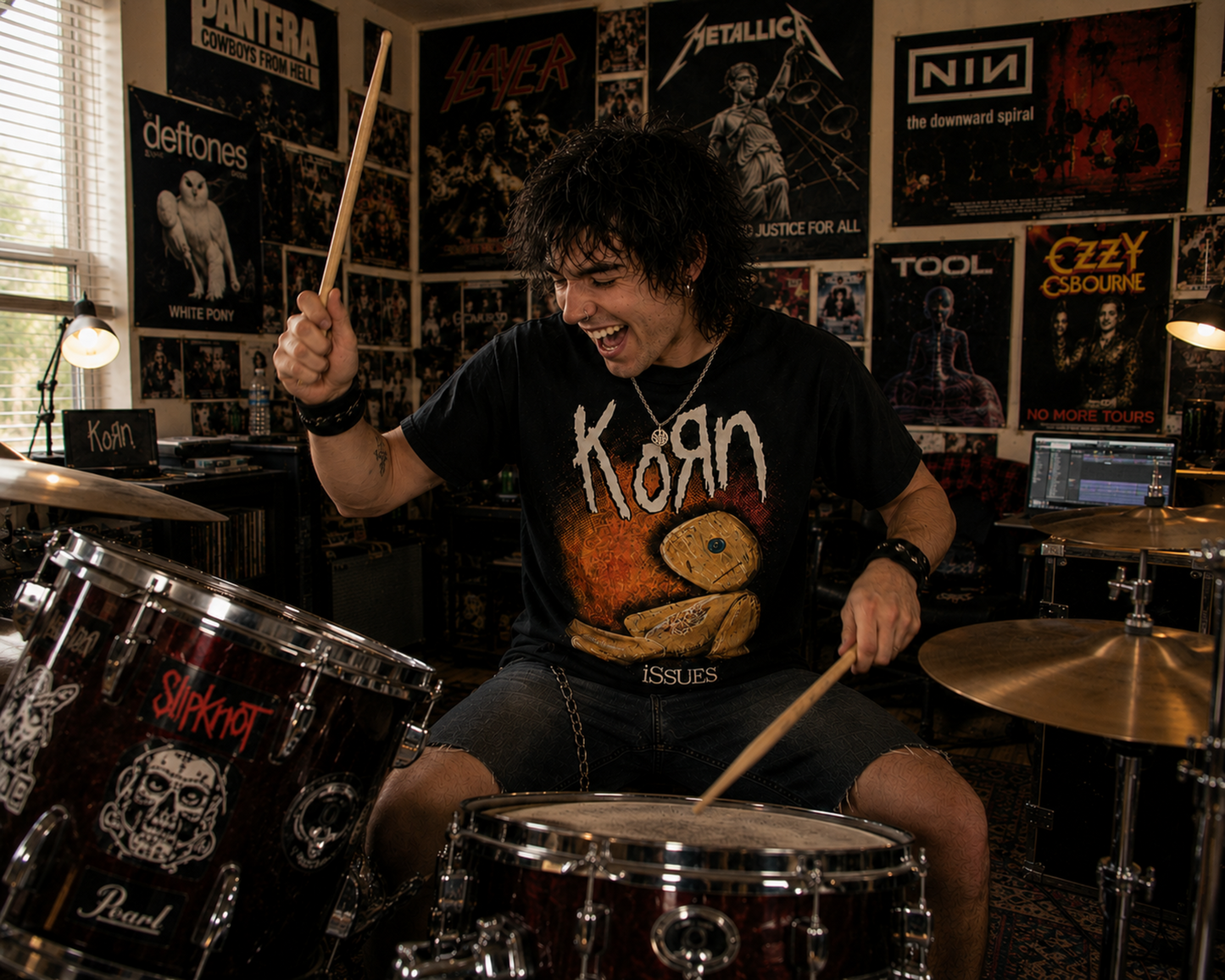 Korn Issues rag doll black graphic T-shirt worn by a drummer in a metal music room—a hard-hitting late-’90s nu metal look for Korn fans.