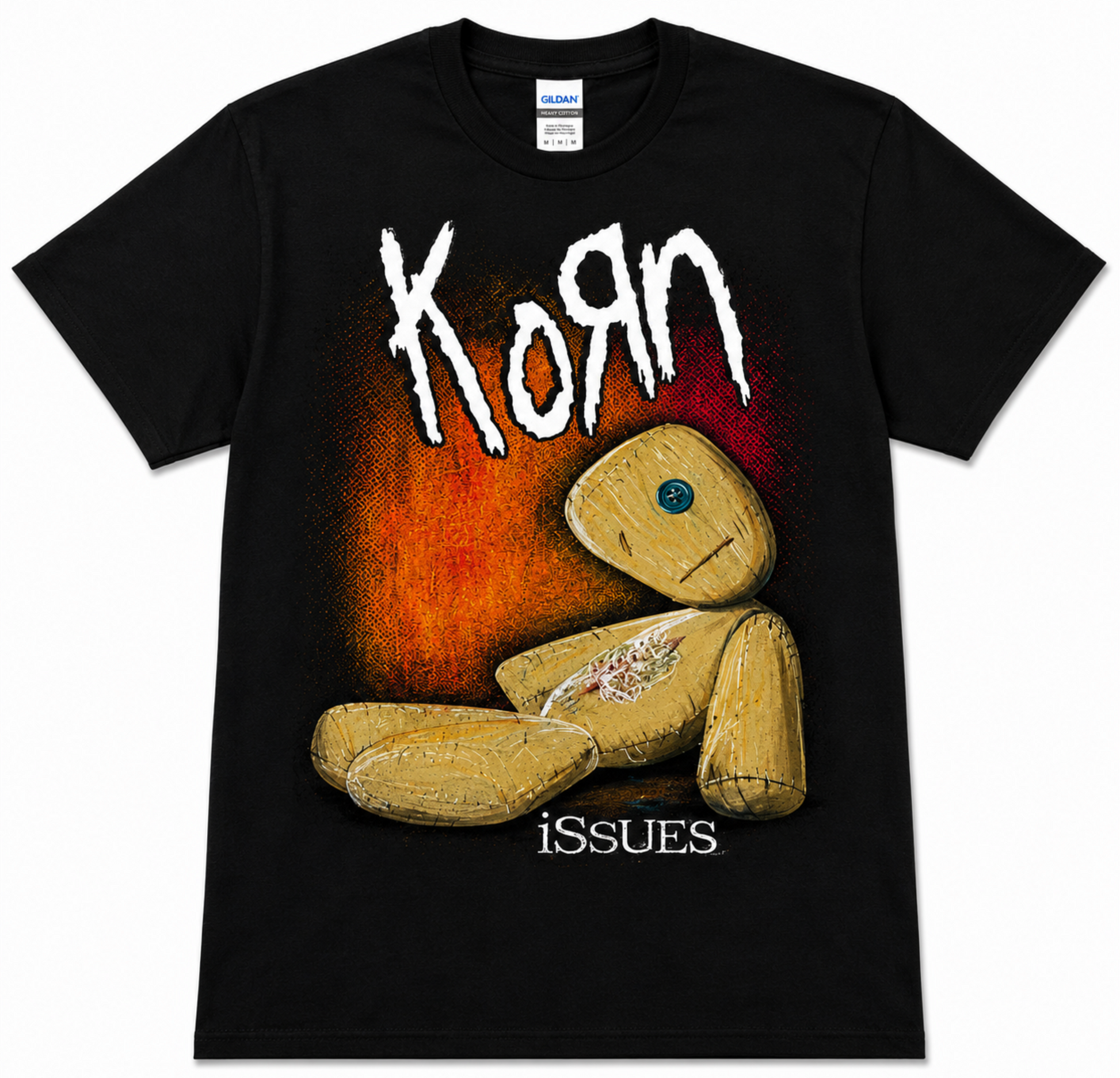 Korn Issues rag doll graphic T-shirt in black with the blue button eye and burnt orange album artwork—a standout late-’90s nu metal throwback for Korn fans.