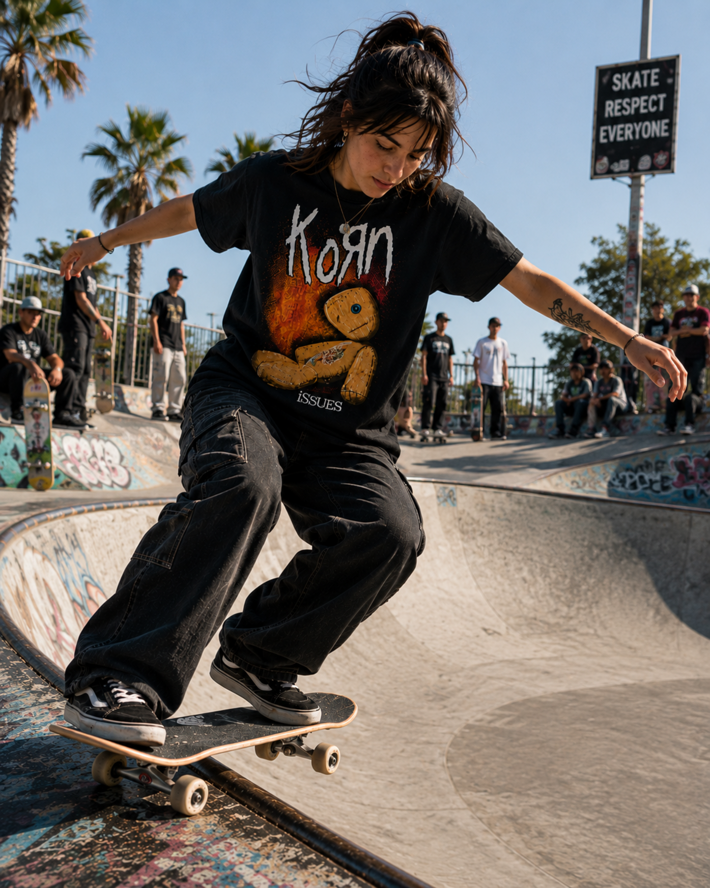 Korn Issues black graphic T-shirt worn while skateboarding, pairing the recognizable rag doll album artwork with an old-school nu metal and skatewear look.