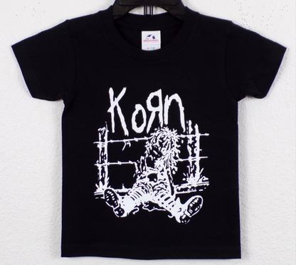 Korn – Voodoo Doll on Fence Youth Unisex Band Silkscreen T-Shirt – XS–XL, black cotton tee with white Korn graphic print.