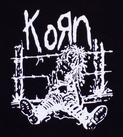 Korn – Voodoo Doll on Fence Youth Unisex Band Silkscreen T-Shirt – XS–XL, black cotton tee with white Korn graphic print.