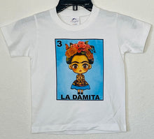 Load image into Gallery viewer, &quot;La Damita&quot; Girls Youth T-Shirt featuring vibrant Lotería-inspired design with a little girl graphic. Available in sizes XS-XL youth from JB Accessories05
