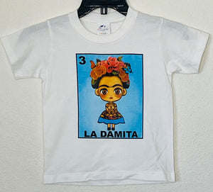 "La Damita" Girls Youth T-Shirt featuring vibrant Lotería-inspired design with a little girl graphic. Available in sizes XS-XL youth from JB Accessories05